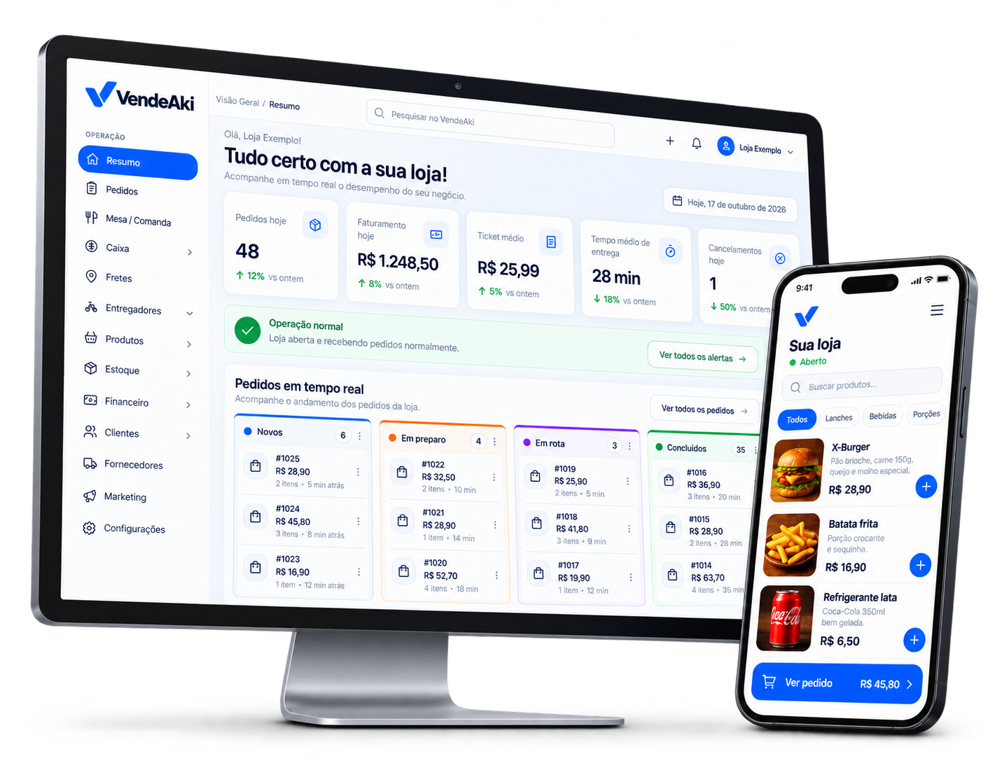 Computador e celular com a gestão e a loja online do VendeAki