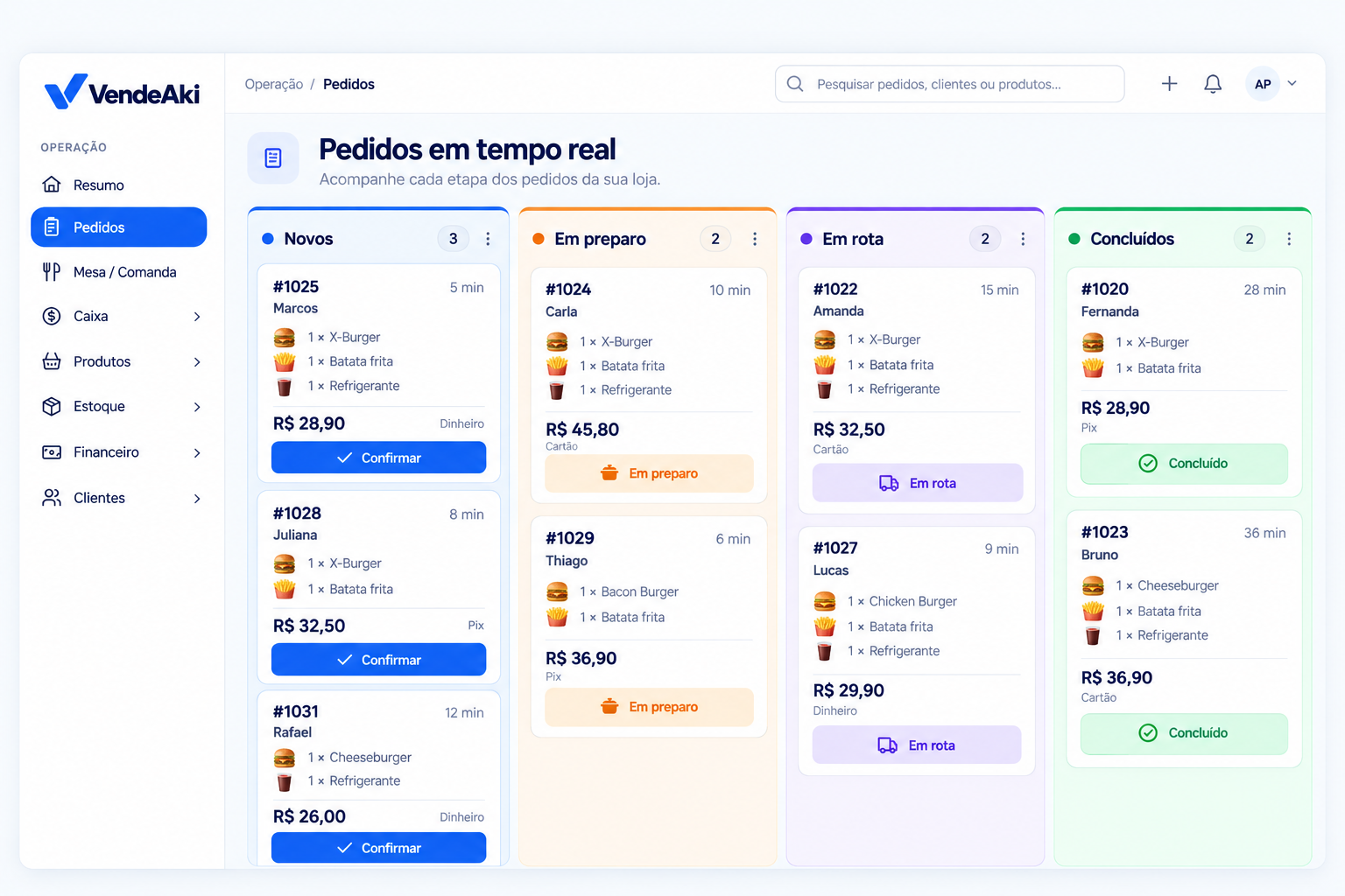 Painel de pedidos do VendeAki organizado em colunas kanban
