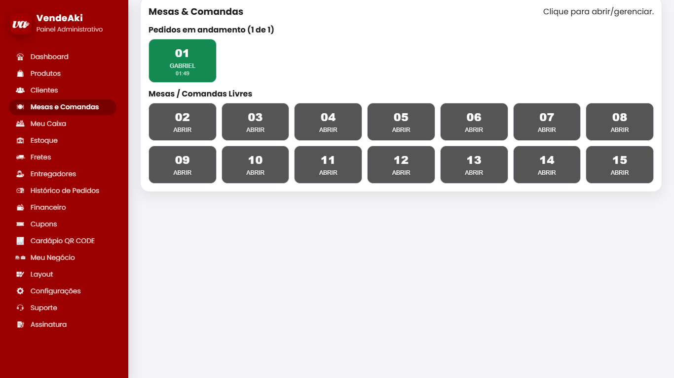 Tela de mesa e comanda VendeAki